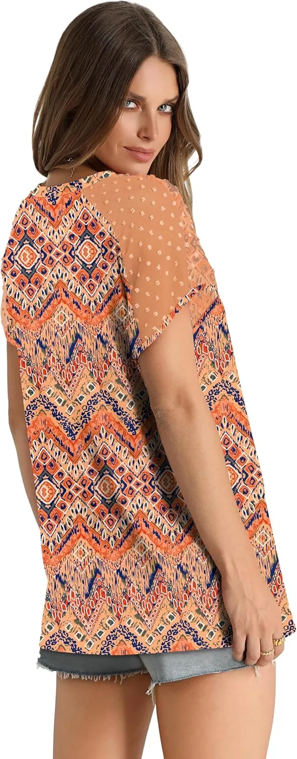 WIHOLL Summer Tops for Women V Neck T-Shirts Swiss Dot Short Sleeve Shirts Casual Fashion Blouses
