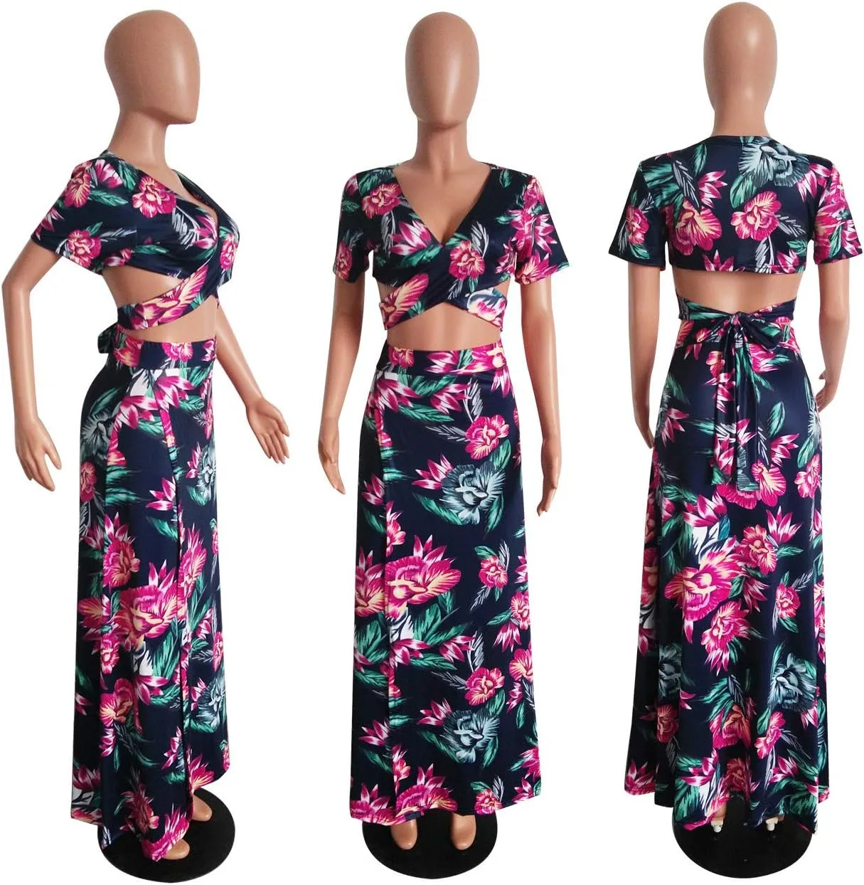 WOKANSE Women's Sexy 2 Piece Outfits Summer Beach Boho Floral Dress V Neck Crop Tops and High Split Maxi Skirt Sets