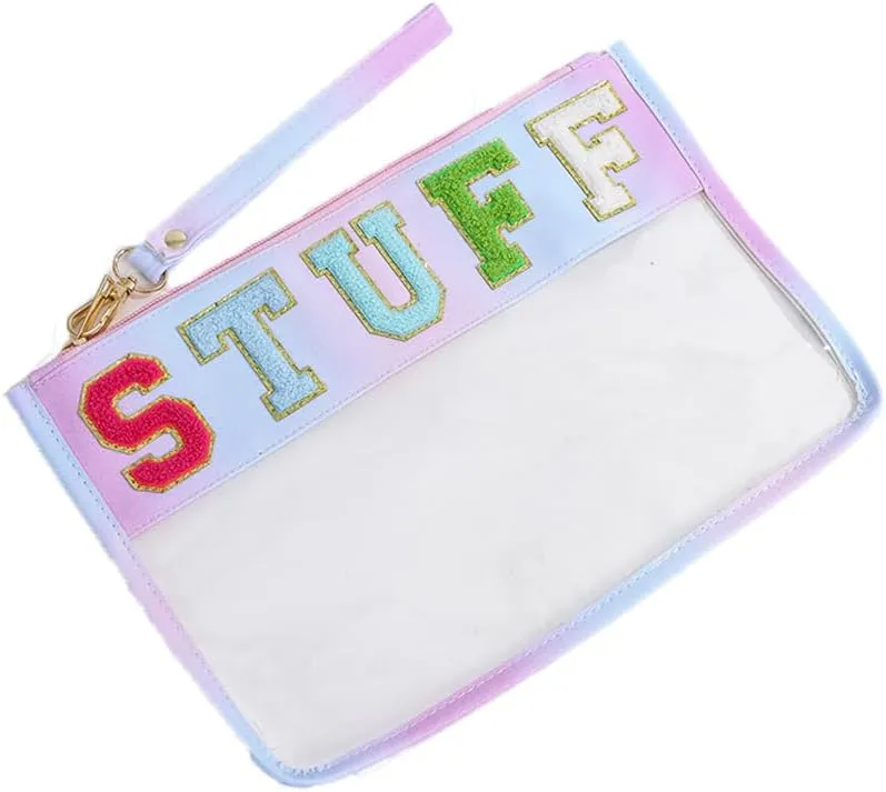 Women Chenille Letter Makeup Bags PVC Transparent Cosmetic Case Waterproof Beach Sunscreen Bag Portable Travel Snack Zipper Pouches(STUFF)