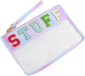 Women Chenille Letter Makeup Bags PVC Transparent Cosmetic Case Waterproof Beach Sunscreen Bag Portable Travel Snack Zipper Pouches(STUFF)