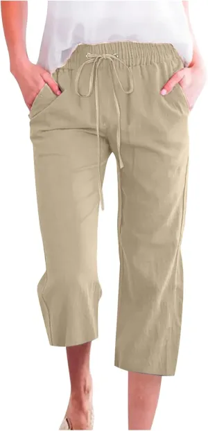 Women Cotton Linen Capris Pants Casual Summer 2025 Straight Wide Leg Loose Drawstring Elastic Waist Cropped Trouser