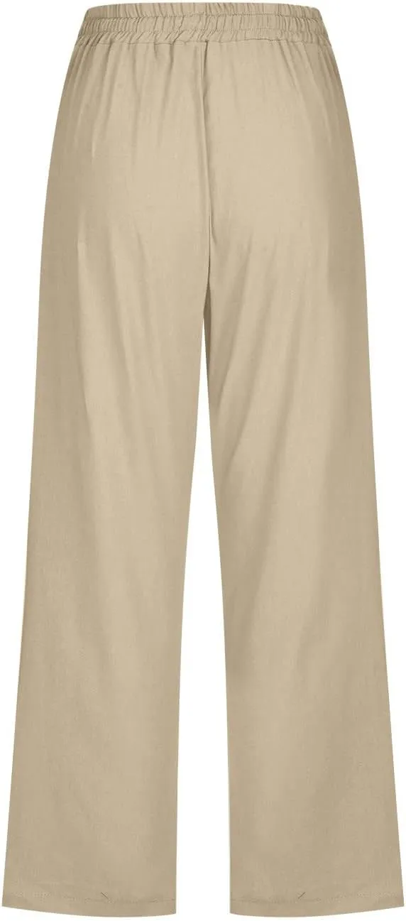 Women Cotton Linen Capris Pants Casual Summer 2025 Straight Wide Leg Loose Drawstring Elastic Waist Cropped Trouser