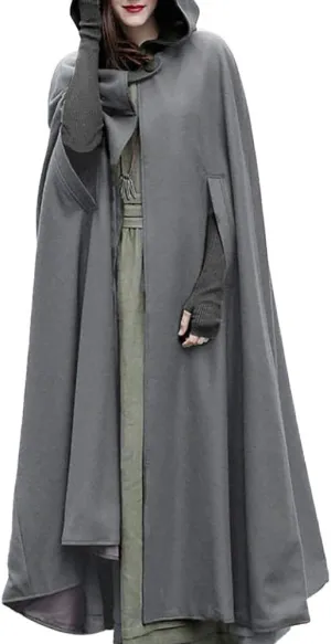 Women Gothic Cloaks Long Halloween Hooded Capes Solid Color Open Front Poncho Cape Loose Jacket Cloak Cosplay Costume