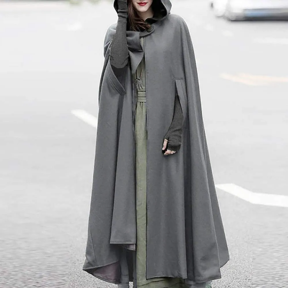 Women Gothic Cloaks Long Halloween Hooded Capes Solid Color Open Front Poncho Cape Loose Jacket Cloak Cosplay Costume