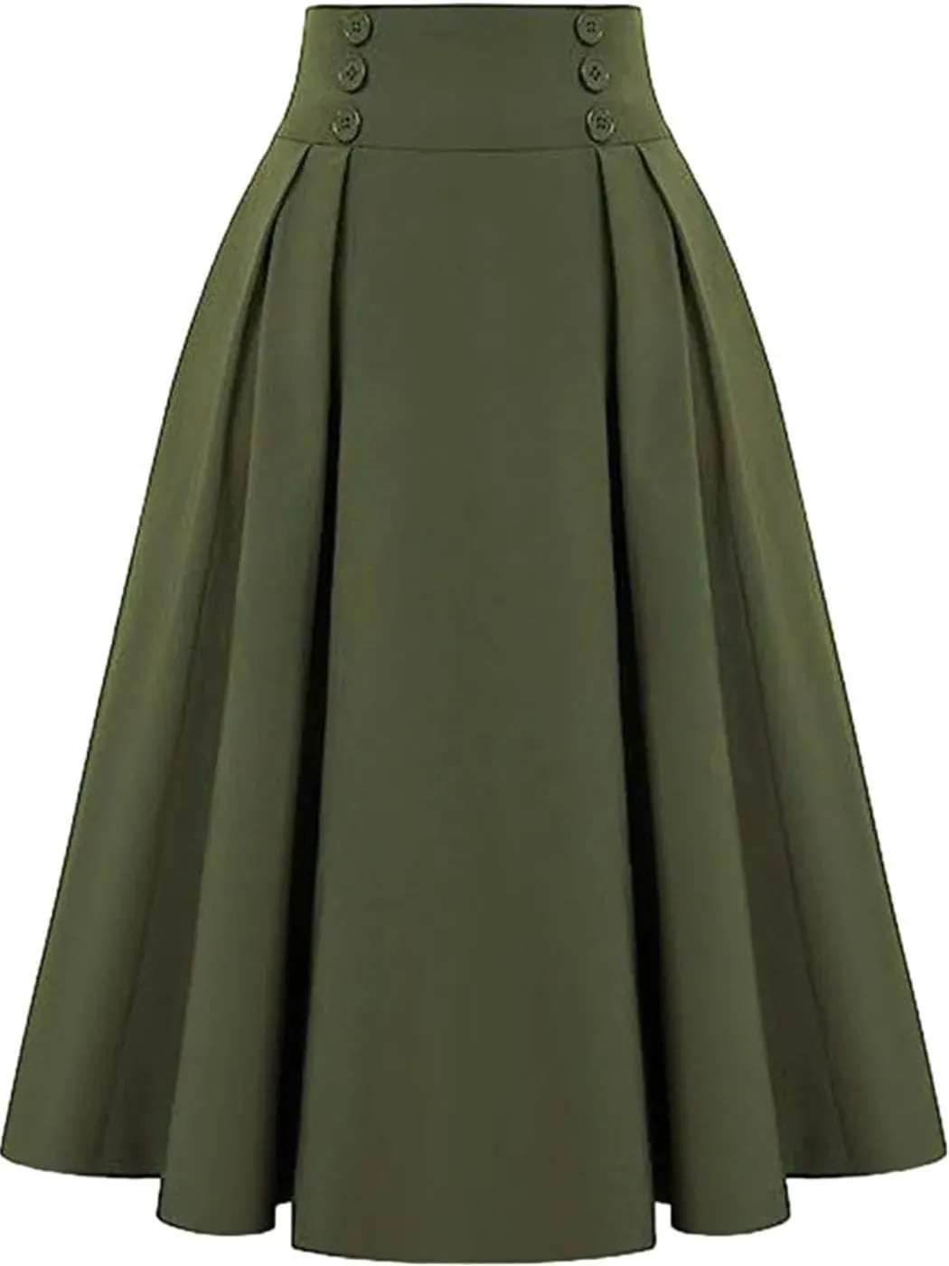 Women High Waist Midi Skirt Summer Solid Vintage Pleating A-Line Fashion Buttons Skirt