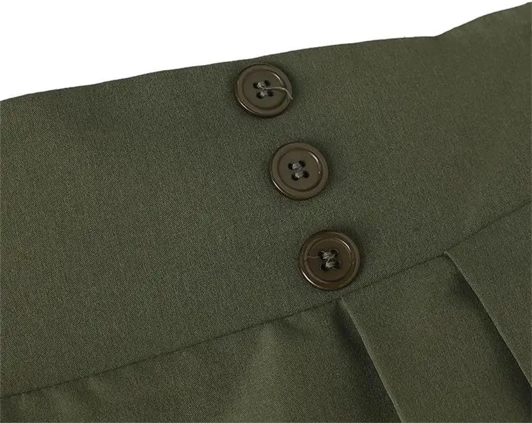 Women High Waist Midi Skirt Summer Solid Vintage Pleating A-Line Fashion Buttons Skirt