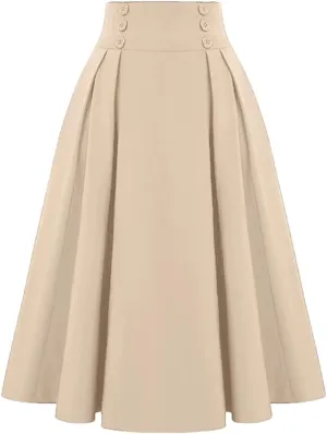 Women High Waist Midi Skirt Summer Solid Vintage Pleating A-Line Fashion Buttons Skirt