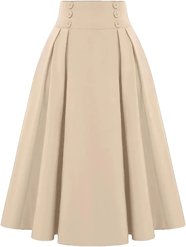 Women High Waist Midi Skirt Summer Solid Vintage Pleating A-Line Fashion Buttons Skirt