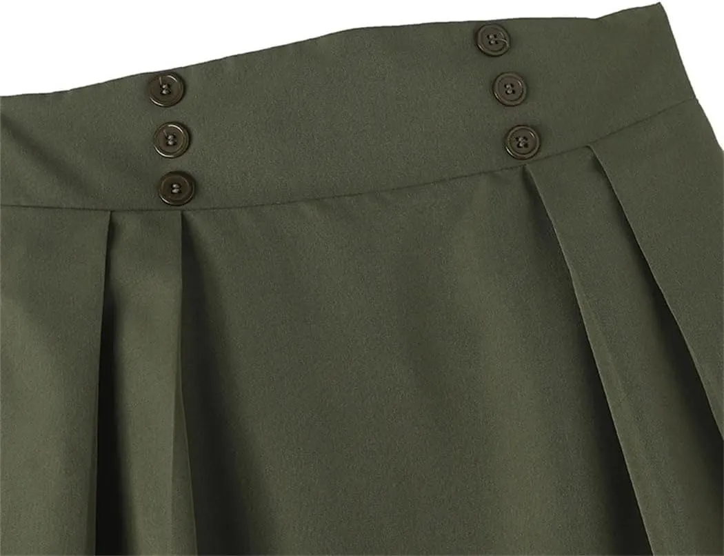 Women High Waist Midi Skirt Summer Solid Vintage Pleating A-Line Fashion Buttons Skirt