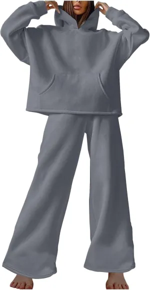 Women Oversized Sweatsuit Two Piece Outfits Plus Size Hooded Sweatshirt Wide Leg Pants Suit Casual Loungewear Sets