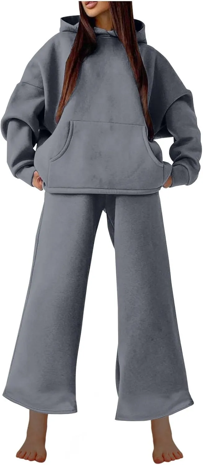 Women Oversized Sweatsuit Two Piece Outfits Plus Size Hooded Sweatshirt Wide Leg Pants Suit Casual Loungewear Sets