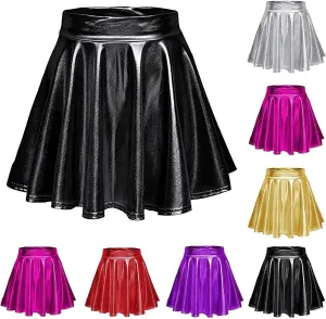 Women Pleated Skirt Fashion Shiny Metallic Dance Skirt High Waist Holographic Skirt A-Line Flared Mini Skater Skirts