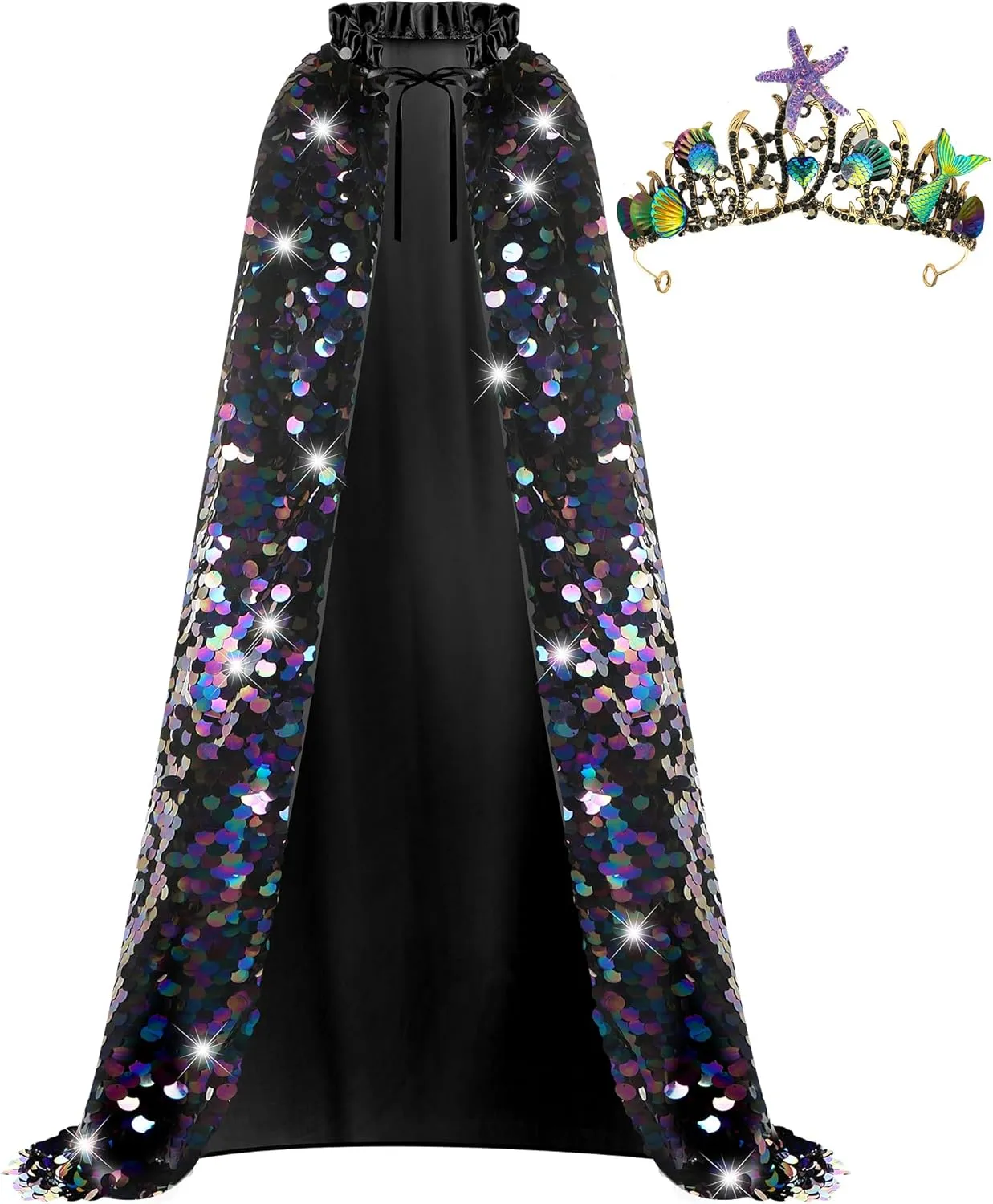 Women Princess Cape Costume Set Fairy Mermaid Sequins Cloaks with Crown for Halloween Carnival Cosplay Party