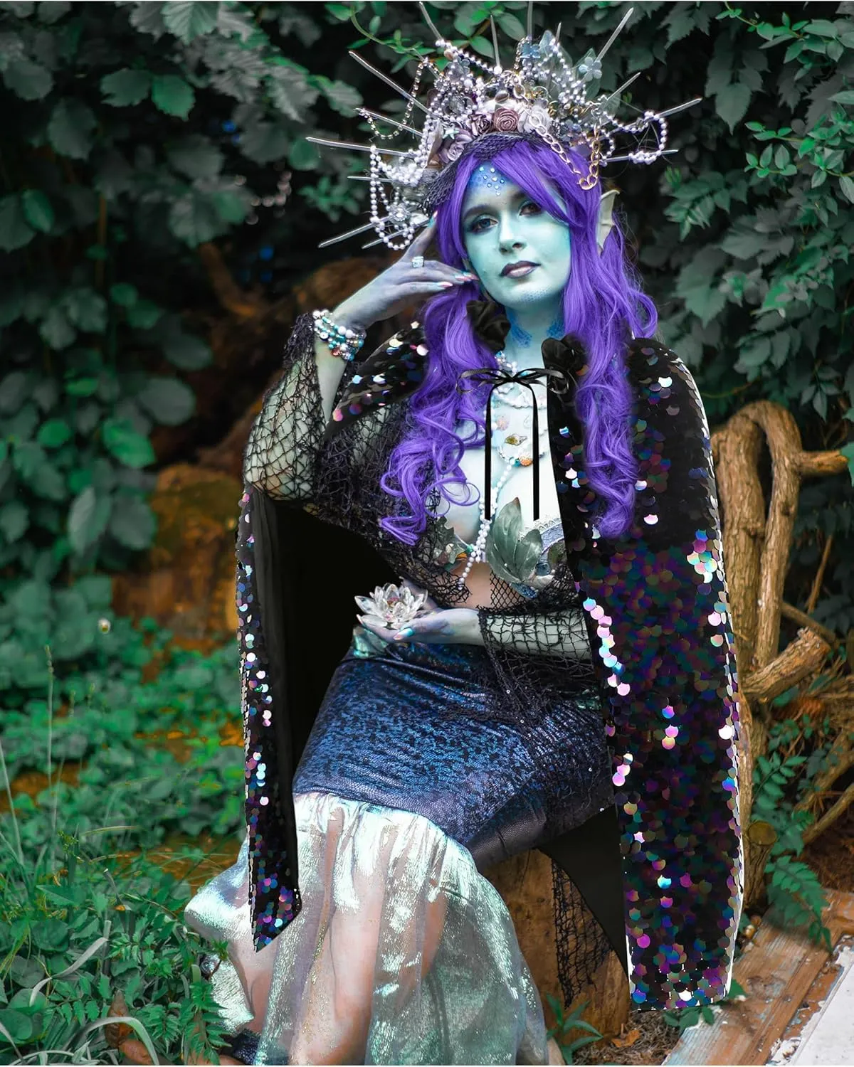 Women Princess Cape Costume Set Fairy Mermaid Sequins Cloaks with Crown for Halloween Carnival Cosplay Party