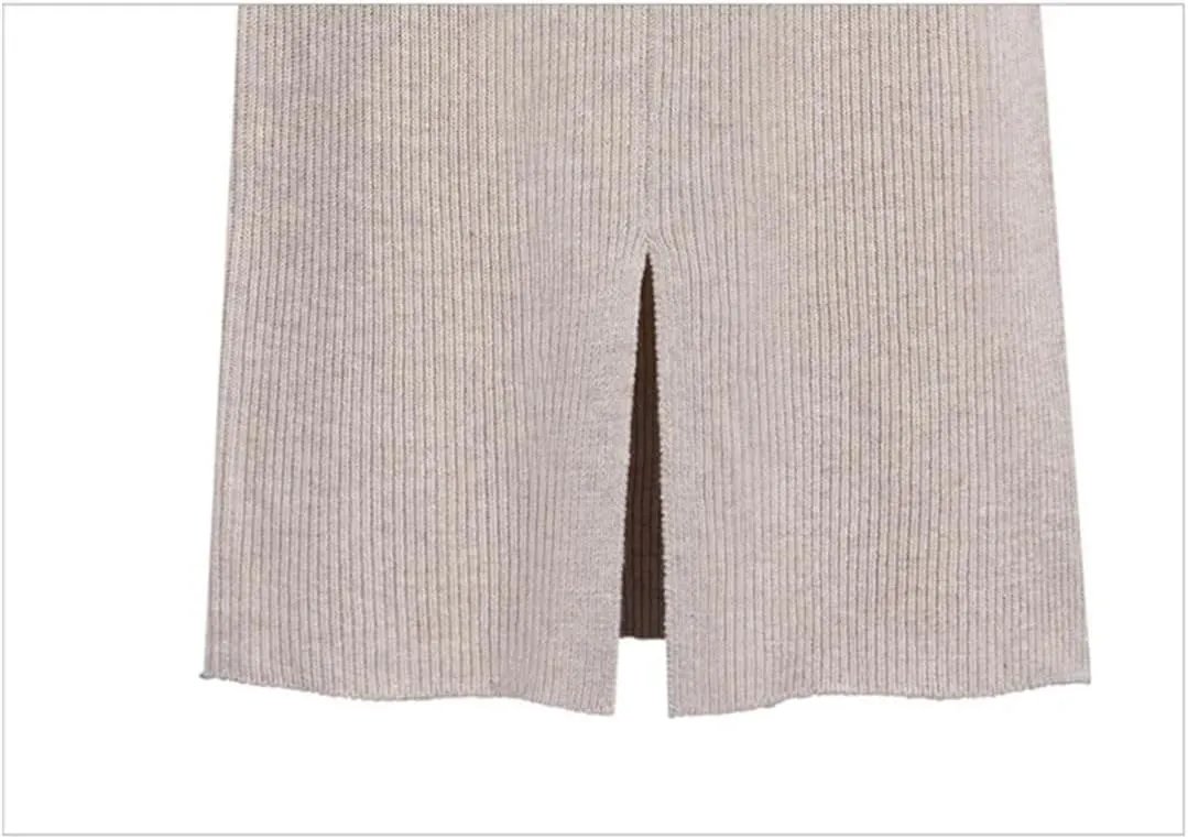 Women Solid Knit Pencil Skirt High Waist Elastic Casual Split Midi Skirts Autumn Winter