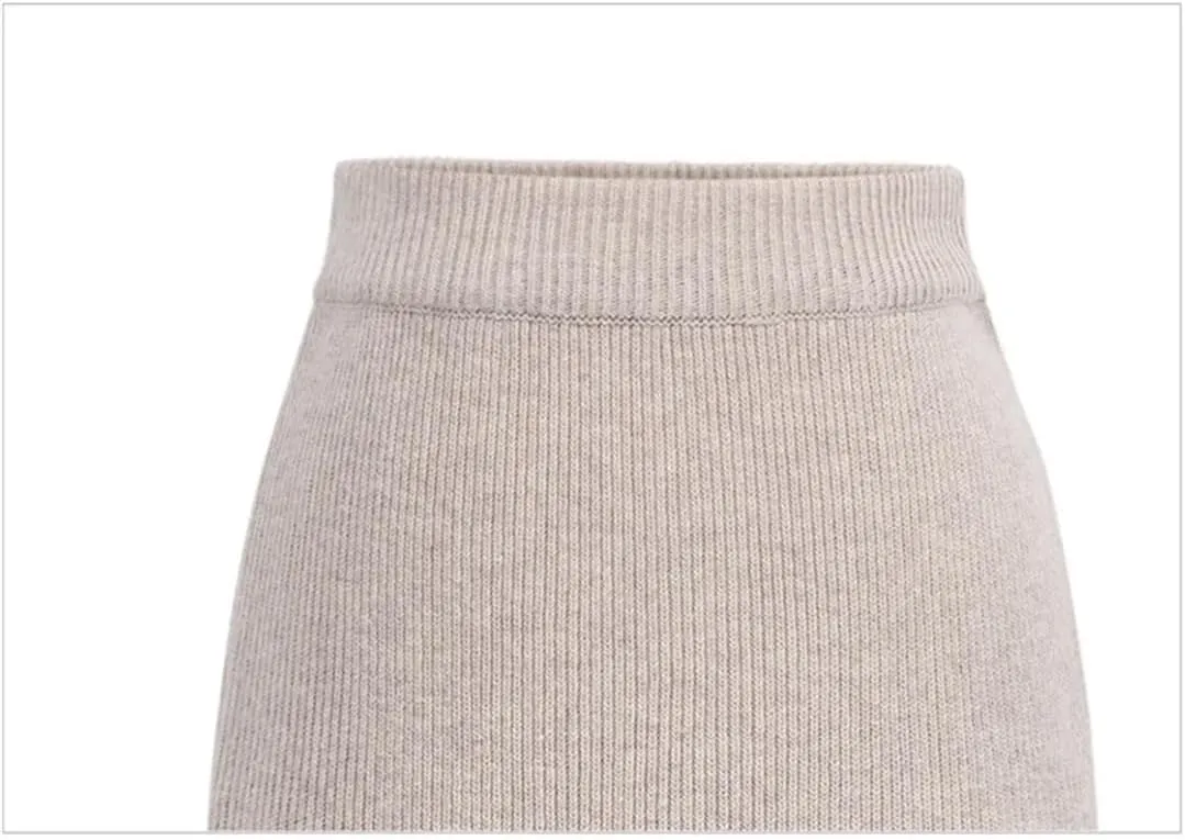 Women Solid Knit Pencil Skirt High Waist Elastic Casual Split Midi Skirts Autumn Winter