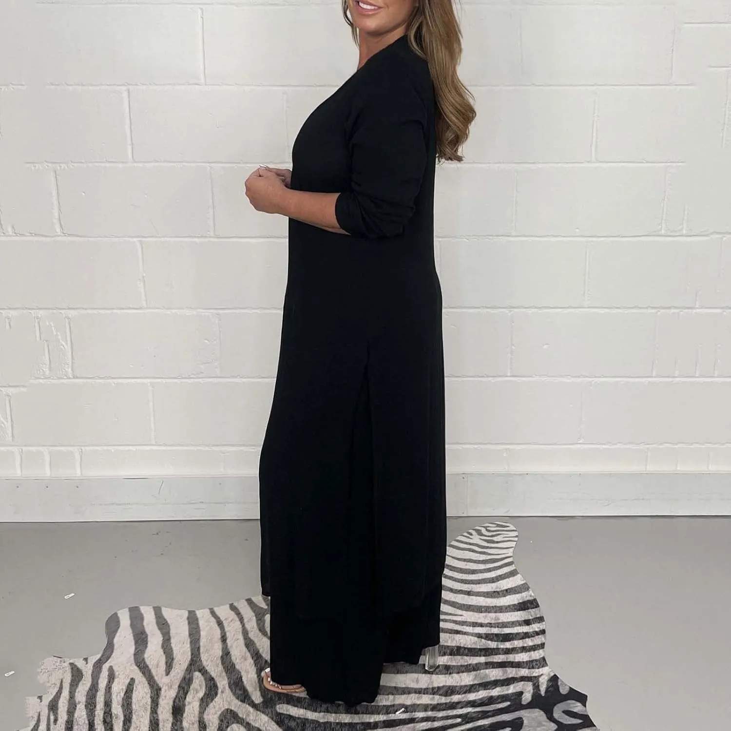 Women Summer 2 Piece Sets Front Split V-Neck Long Sleeve Dress Tops Flowy Beach Vacation Wide Leg Lounge Pants Outfits