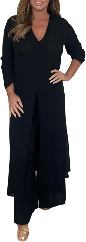 Women Summer 2 Piece Sets Front Split V-Neck Long Sleeve Dress Tops Flowy Beach Vacation Wide Leg Lounge Pants Outfits