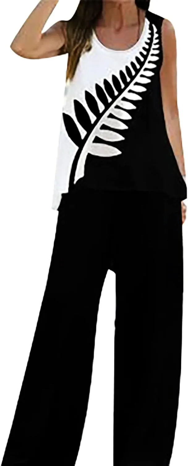 Women Summer Outfits 2024 Trendy Casual 2 Piece Sets Loose Sleeveless Tank Tops Vest Comfy Flowy Wide Leg Pants Suits
