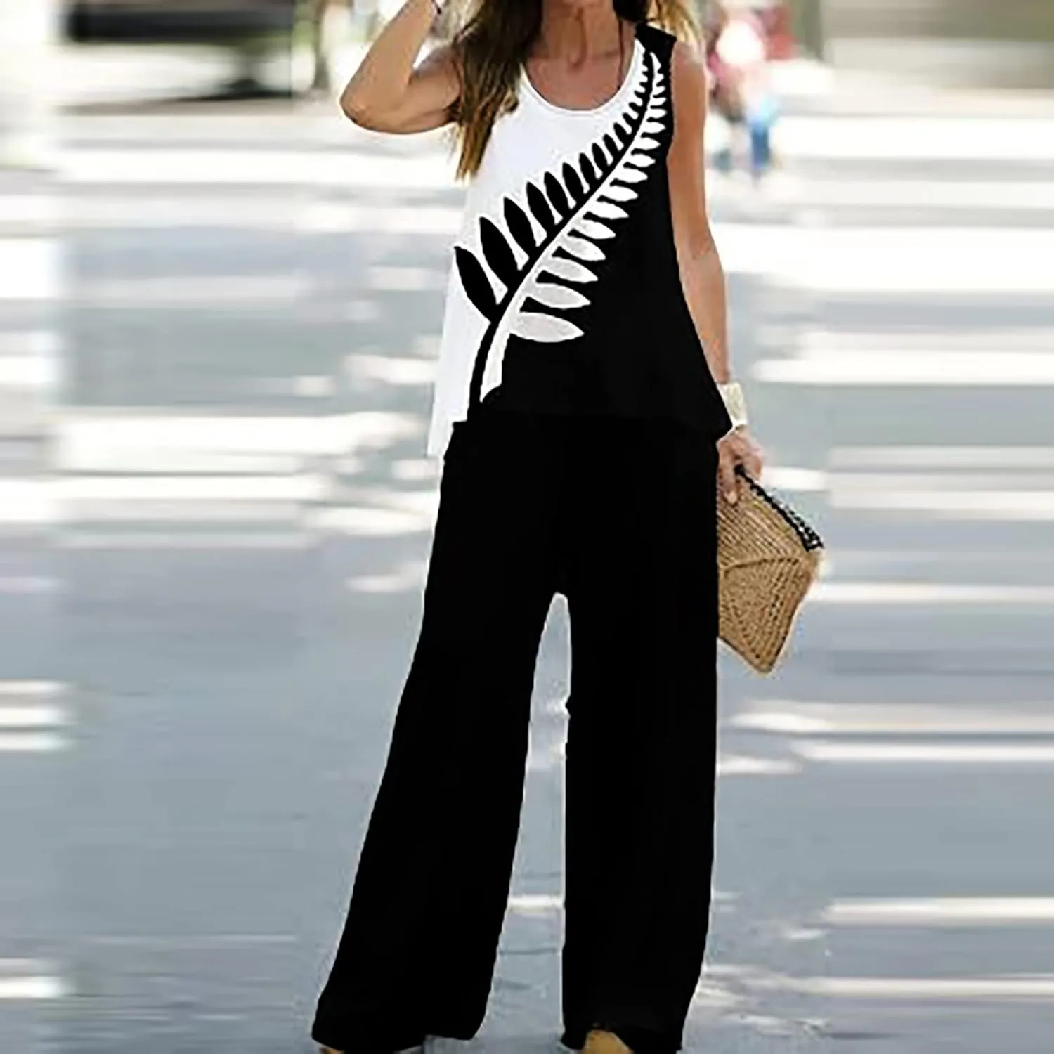 Women Summer Outfits 2024 Trendy Casual 2 Piece Sets Loose Sleeveless Tank Tops Vest Comfy Flowy Wide Leg Pants Suits
