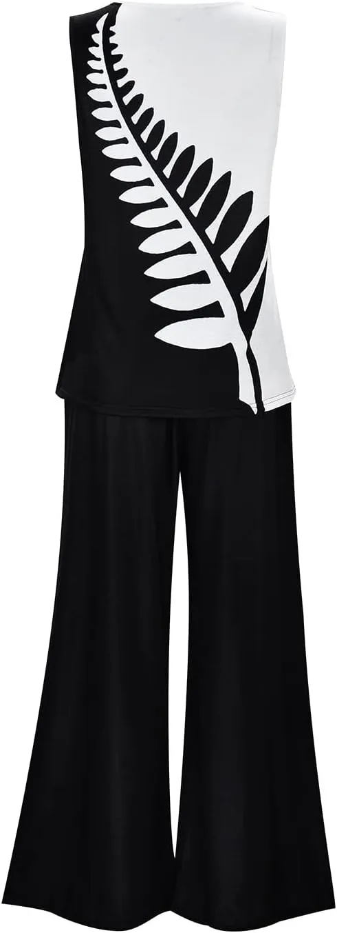 Women Summer Outfits 2024 Trendy Casual 2 Piece Sets Loose Sleeveless Tank Tops Vest Comfy Flowy Wide Leg Pants Suits