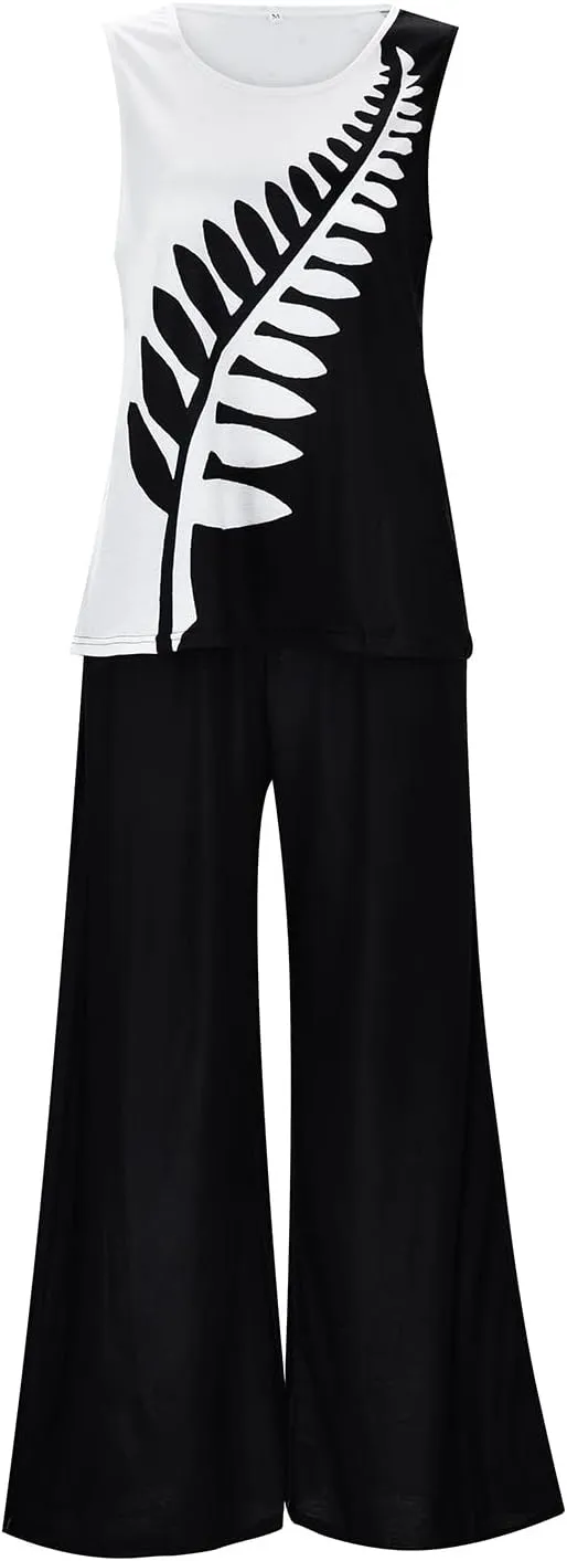Women Summer Outfits 2024 Trendy Casual 2 Piece Sets Loose Sleeveless Tank Tops Vest Comfy Flowy Wide Leg Pants Suits