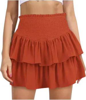 Women Summer Tiered Short Skirt with Shorts, Smocked High Waisted Ruffle Mini Skirts Teen Girls Cute Casual Skirts