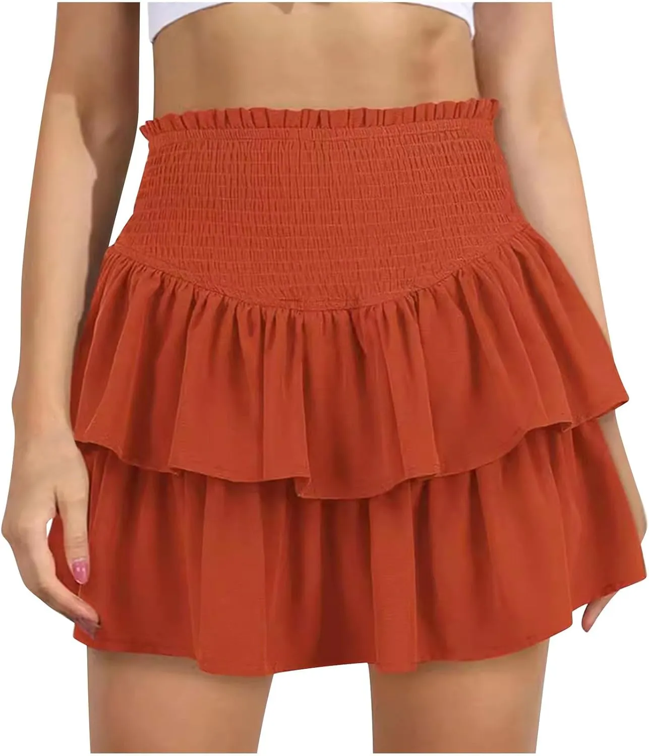 Women Summer Tiered Short Skirt with Shorts, Smocked High Waisted Ruffle Mini Skirts Teen Girls Cute Casual Skirts