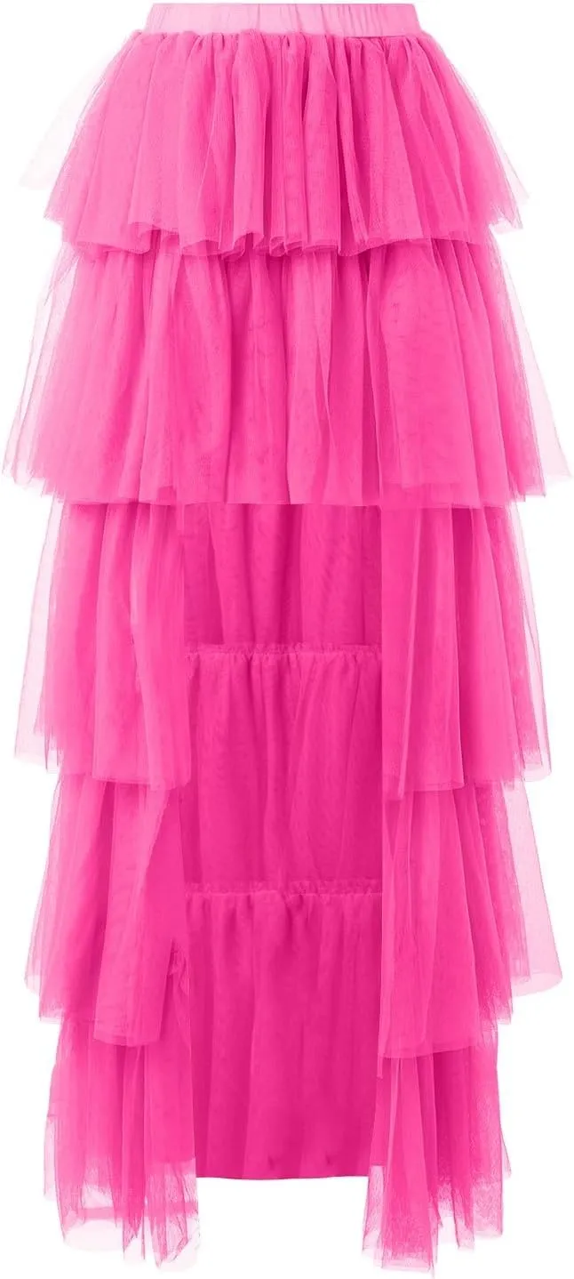 Women Tutu Maxi Skirt a Line Elastic Waist Layered Tulle Long Skirt Rave Party Puplum Skirt Halloween Mesh Skirt