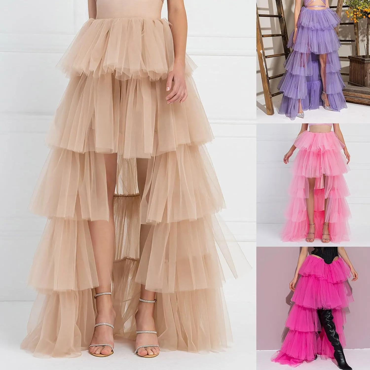 Women Tutu Maxi Skirt a Line Elastic Waist Layered Tulle Long Skirt Rave Party Puplum Skirt Halloween Mesh Skirt