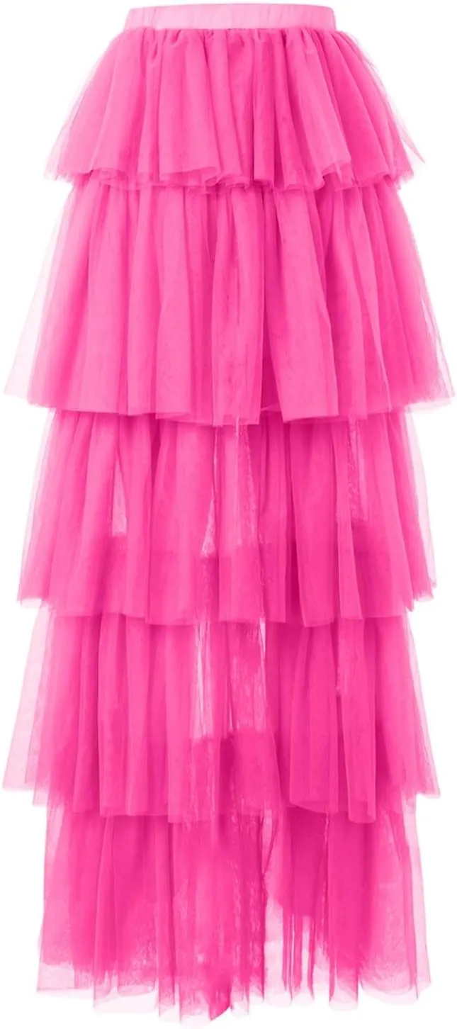 Women Tutu Maxi Skirt a Line Elastic Waist Layered Tulle Long Skirt Rave Party Puplum Skirt Halloween Mesh Skirt
