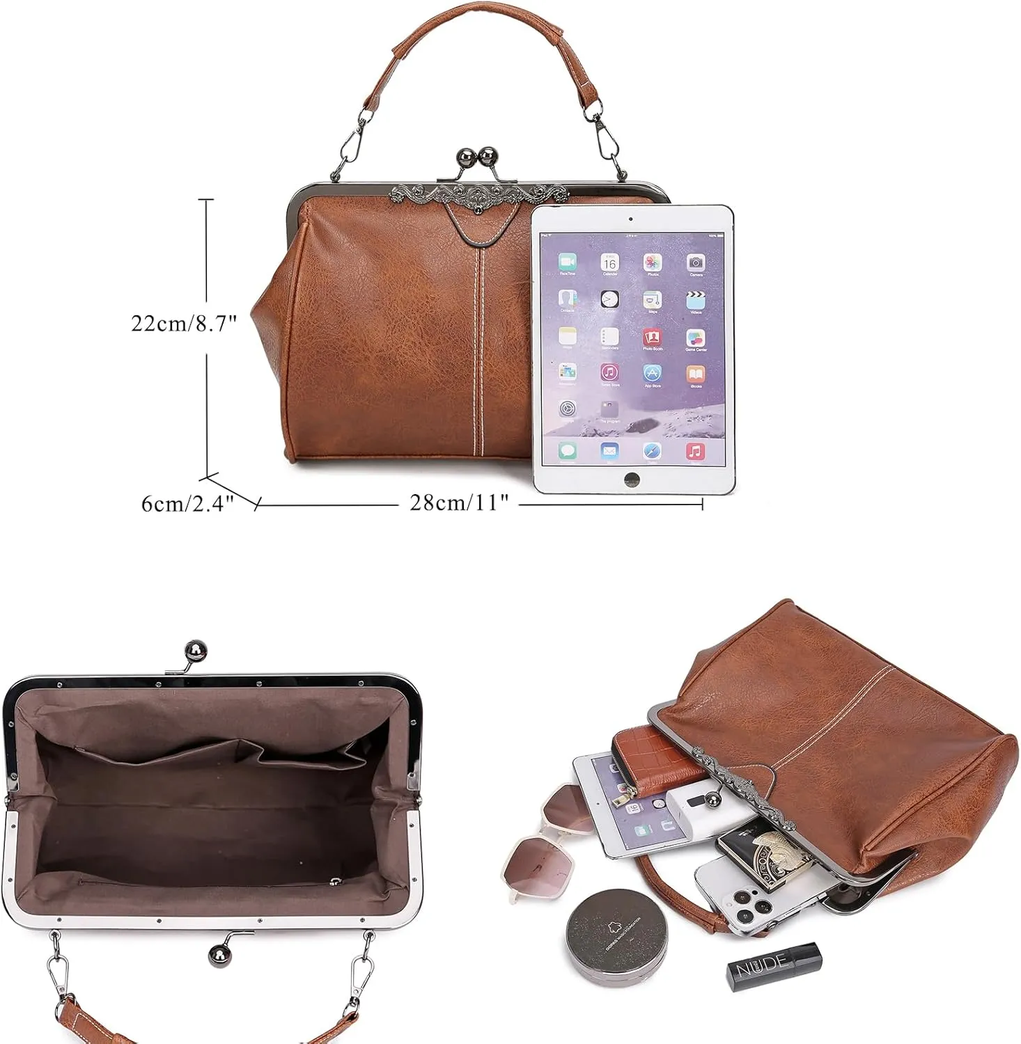 Women Vintage Kiss LockHandbags for Women PU Leather Evening Clutch Satchel Purse Tote, Black