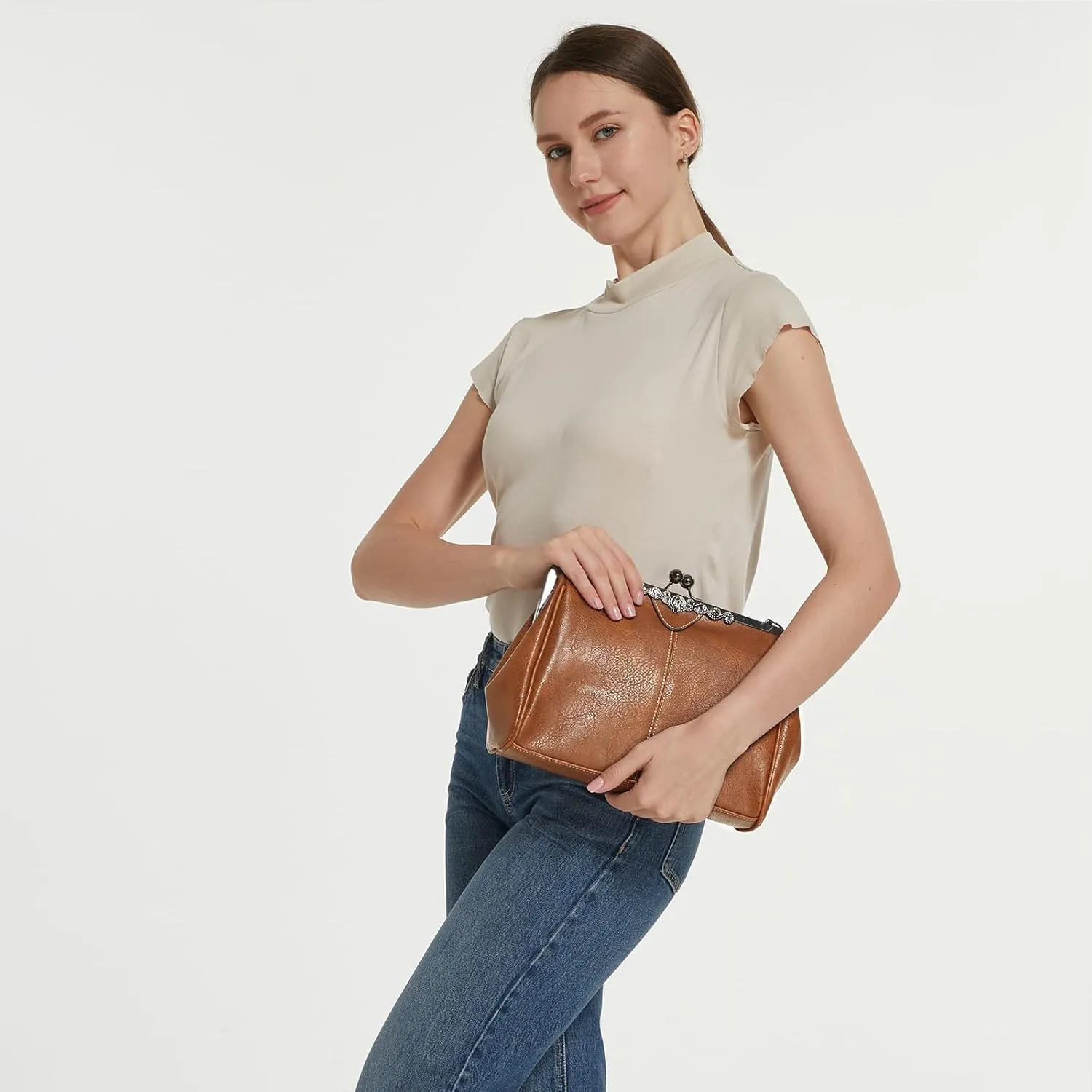 Women Vintage Kiss LockHandbags for Women PU Leather Evening Clutch Satchel Purse Tote, Black