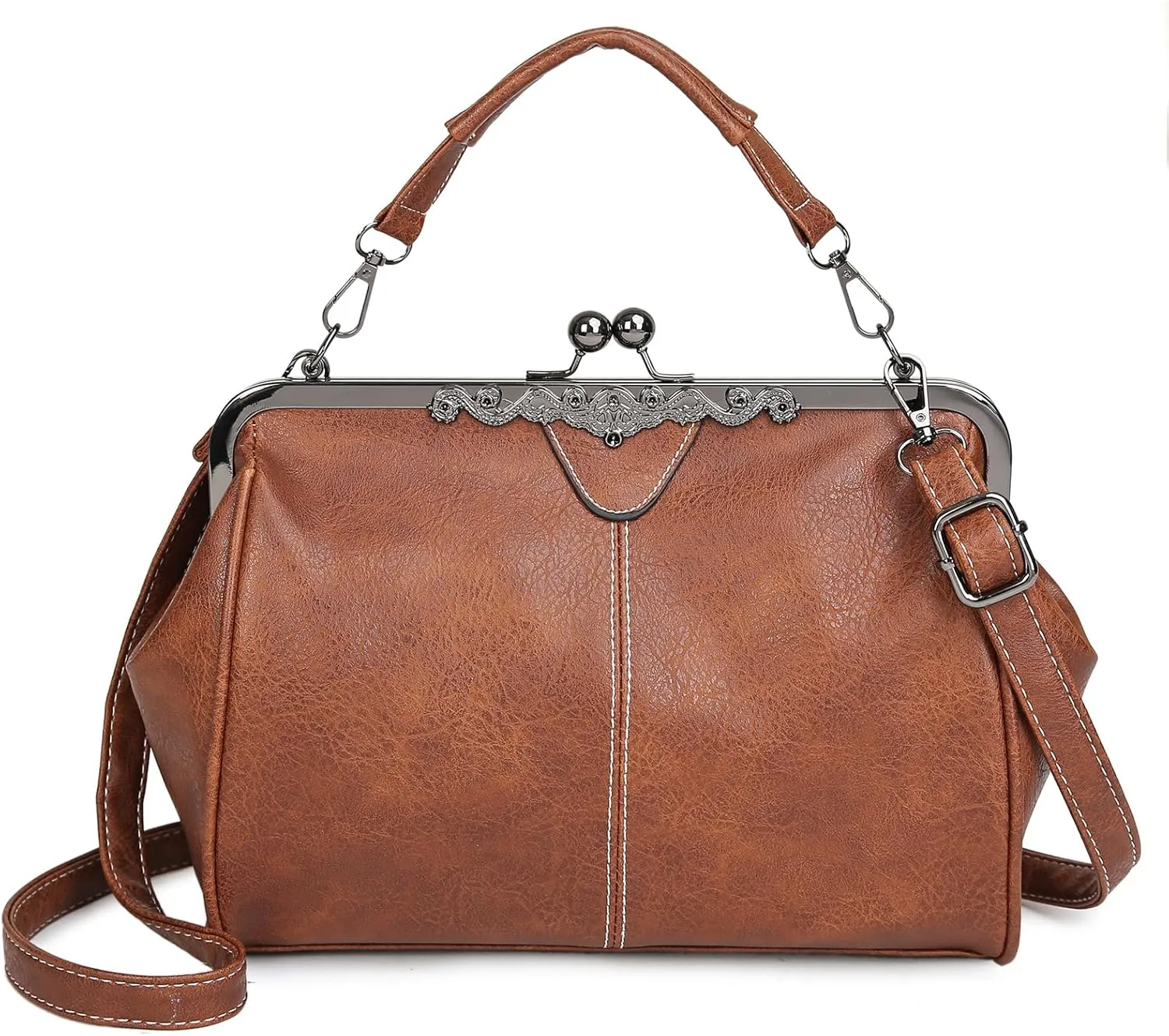 Women Vintage Kiss LockHandbags for Women PU Leather Evening Clutch Satchel Purse Tote, Black