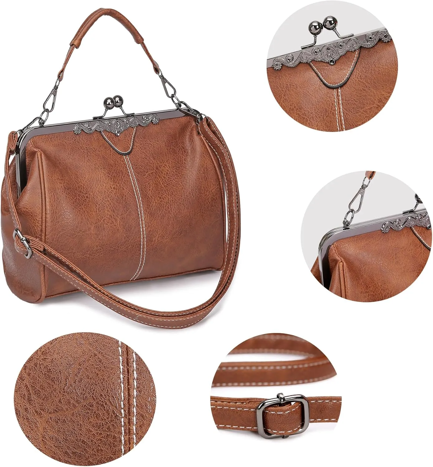Women Vintage Kiss LockHandbags for Women PU Leather Evening Clutch Satchel Purse Tote, Black