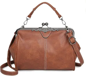 Women Vintage Kiss LockHandbags for Women PU Leather Evening Clutch Satchel Purse Tote, Black
