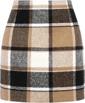 Women Wool Plaid Mini Skirt High Waist Vintage Office Lady Slim Short Pencil Skirts