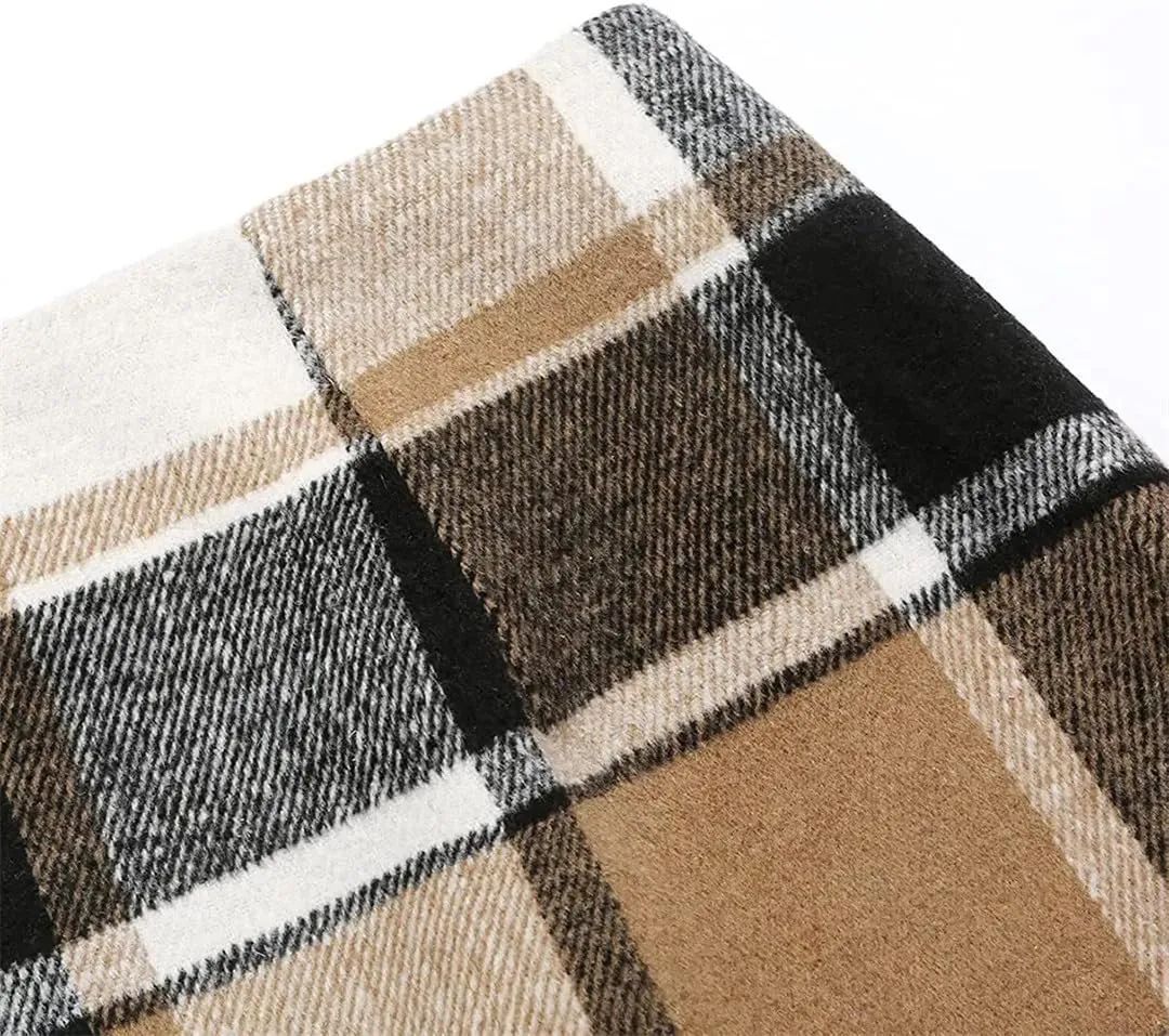 Women Wool Plaid Mini Skirt High Waist Vintage Office Lady Slim Short Pencil Skirts