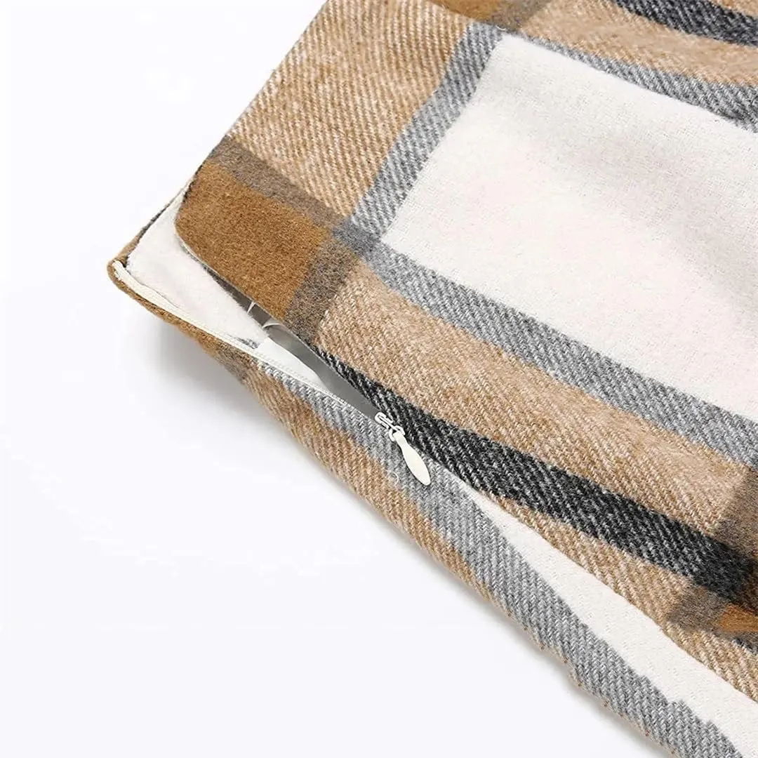 Women Wool Plaid Mini Skirt High Waist Vintage Office Lady Slim Short Pencil Skirts