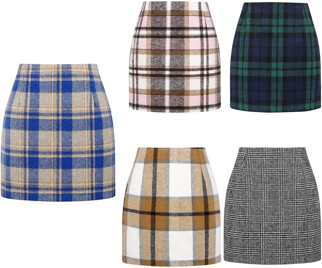 Women Wool Plaid Mini Skirt High Waist Vintage Office Lady Slim Short Pencil Skirts