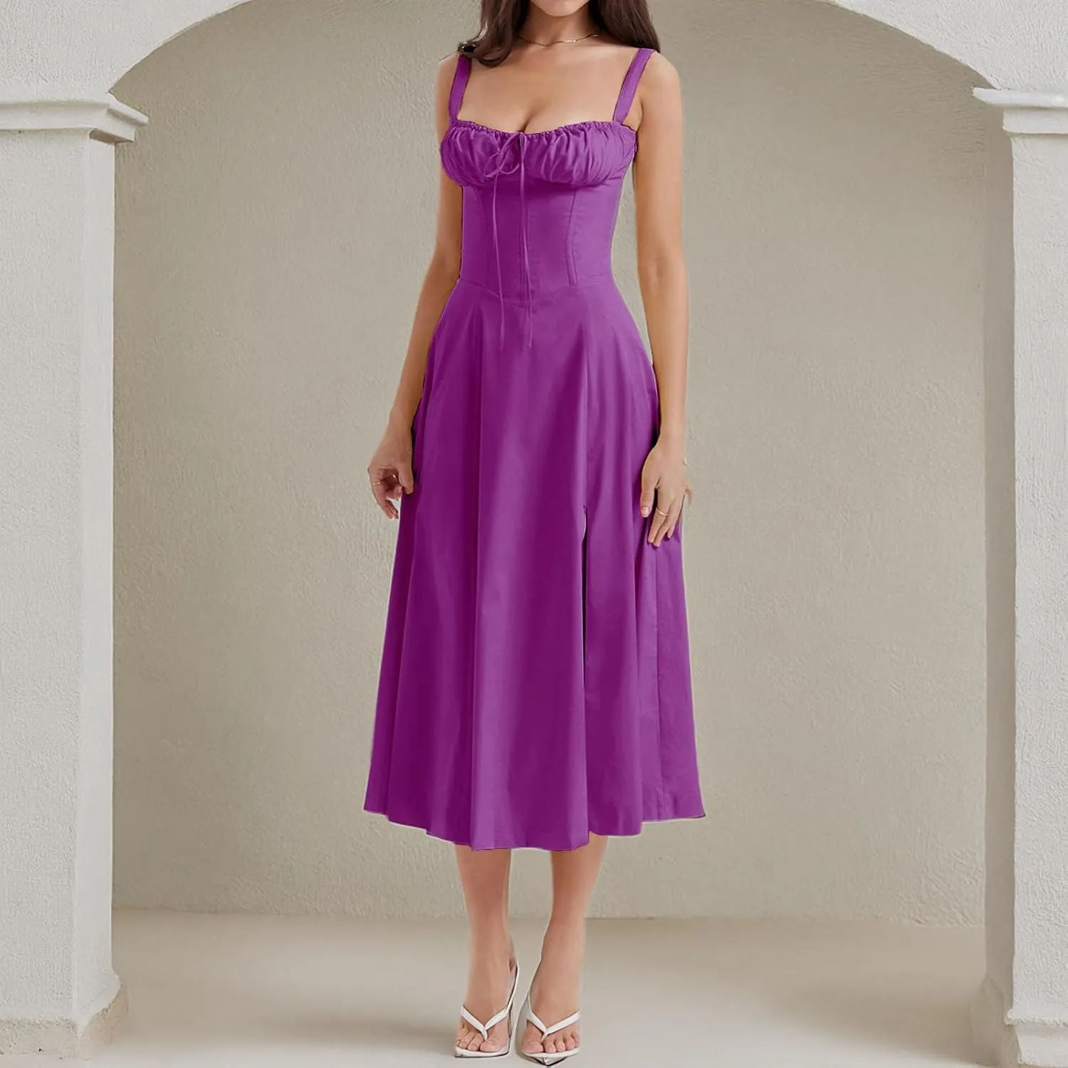 Women Y2k Square Neck Long Dress Low Cut Sleeveless Midi Dress Bustier Lace Trim Spaghetti Strap Going Out Swing Sundress