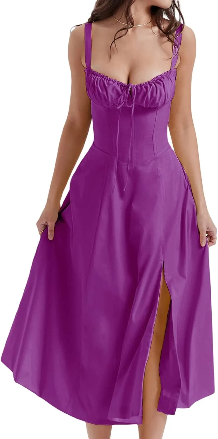 Women Y2k Square Neck Long Dress Low Cut Sleeveless Midi Dress Bustier Lace Trim Spaghetti Strap Going Out Swing Sundress