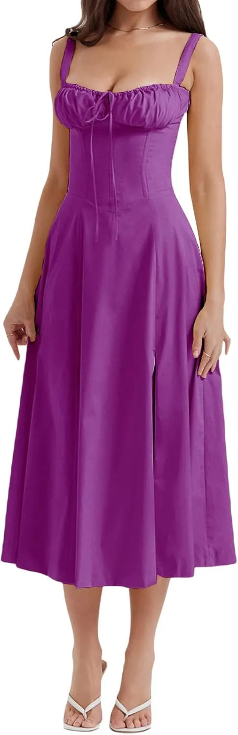 Women Y2k Square Neck Long Dress Low Cut Sleeveless Midi Dress Bustier Lace Trim Spaghetti Strap Going Out Swing Sundress