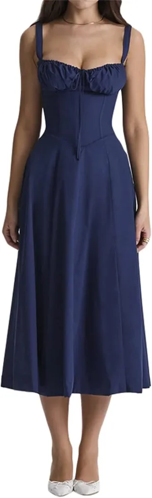 Women Y2k Square Neck Long Dress Low Cut Sleeveless Midi Dress Bustier Lace Trim Spaghetti Strap Going Out Swing Sundress