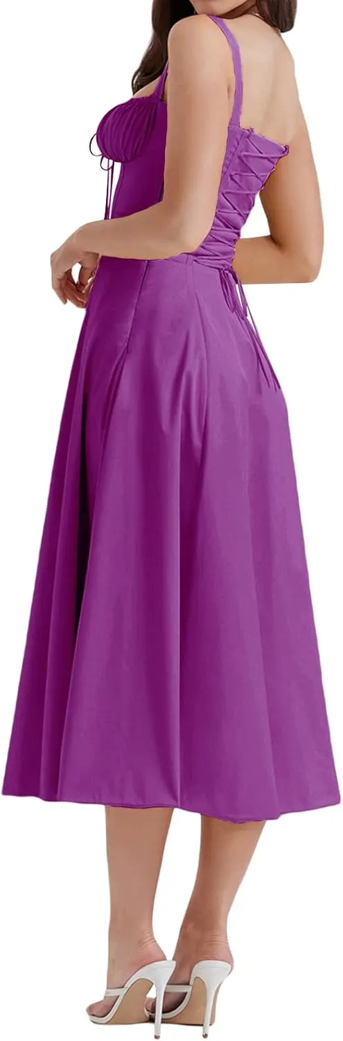 Women Y2k Square Neck Long Dress Low Cut Sleeveless Midi Dress Bustier Lace Trim Spaghetti Strap Going Out Swing Sundress