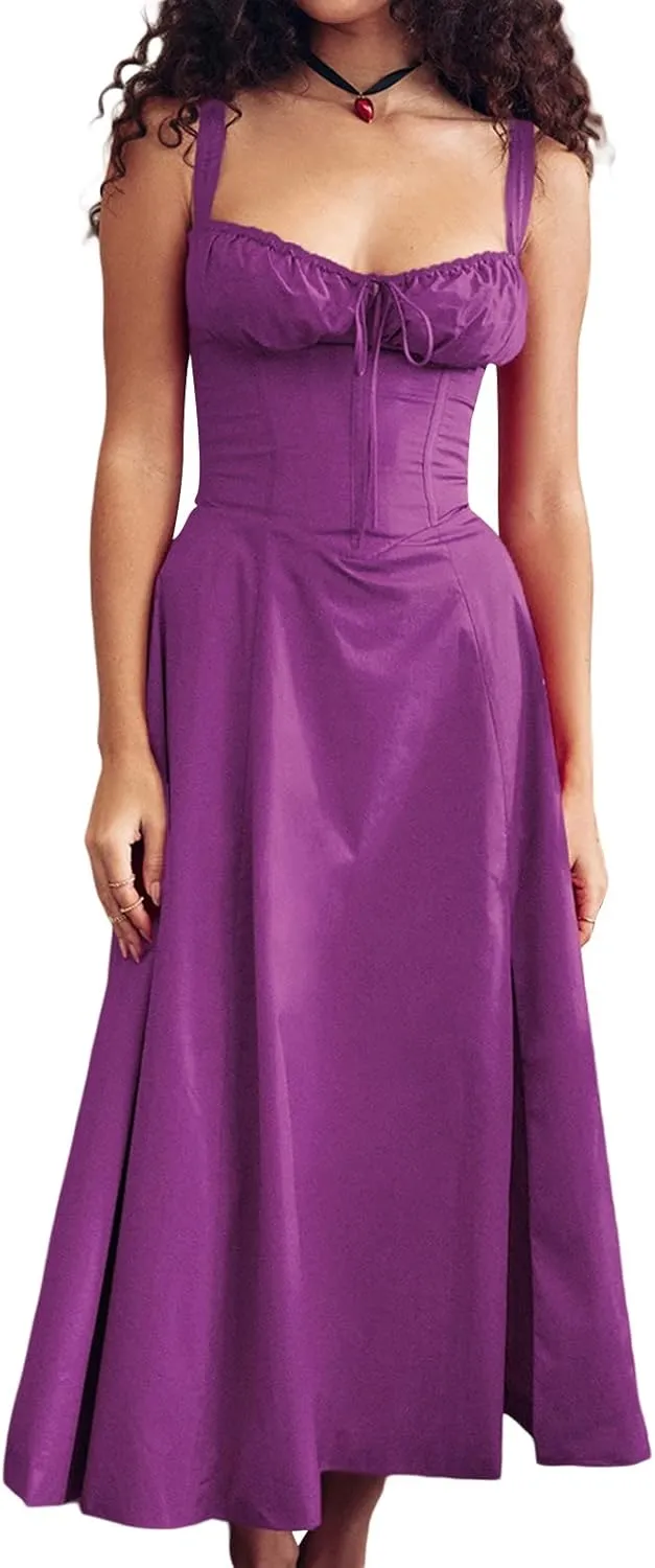 Women Y2k Square Neck Long Dress Low Cut Sleeveless Midi Dress Bustier Lace Trim Spaghetti Strap Going Out Swing Sundress