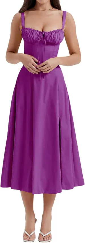 Women Y2k Square Neck Long Dress Low Cut Sleeveless Midi Dress Bustier Lace Trim Spaghetti Strap Going Out Swing Sundress