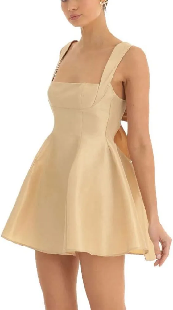 Women Y2K Square Neck Mini Dress Sweet Ruffle Lace Flare A Line Short Dress Fairy Backless Babydoll Dresses