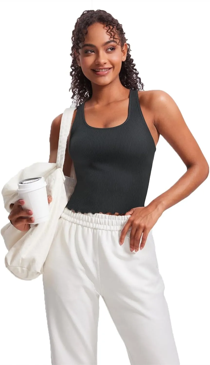 Women's 1/2 Pack Ribbed Workout Tank Tops with Built in Bra Racerback Seamless Crop Camisole Sport Tanks