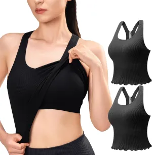 Women's 1/2 Pack Ribbed Workout Tank Tops with Built in Bra Racerback Seamless Crop Camisole Sport Tanks